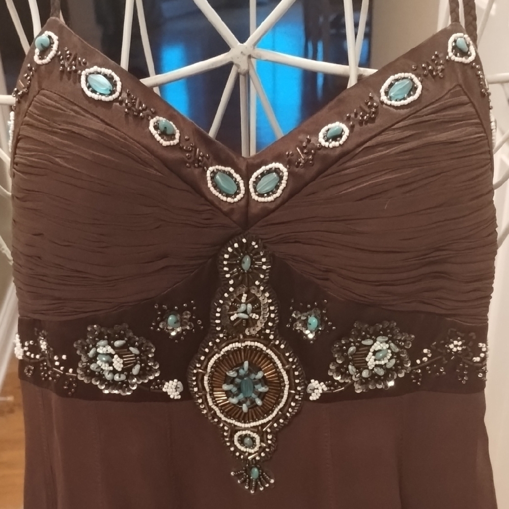 Elegant Brown Sue Wong 100% Silk Halter Dress - Picture 5 of 16